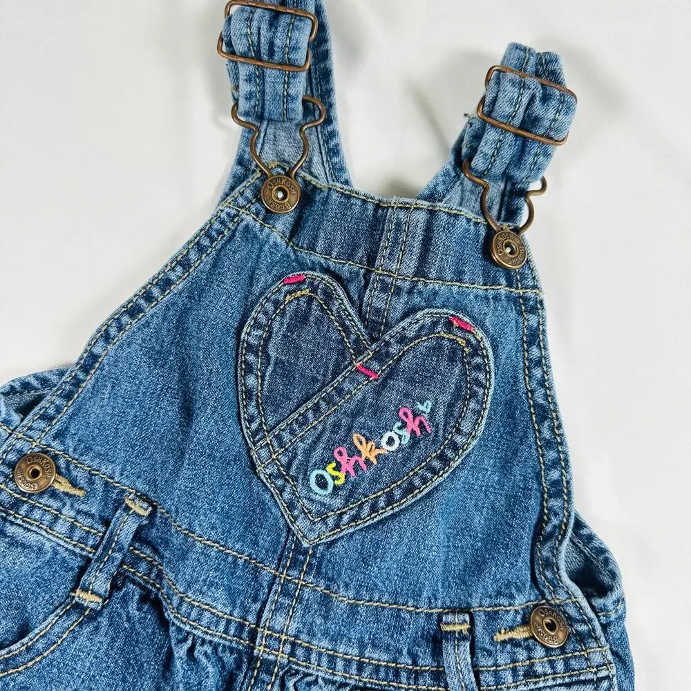 OshKosh B'gosh Embroidered Heart Embellished Denim Overalls Sz 18 mo